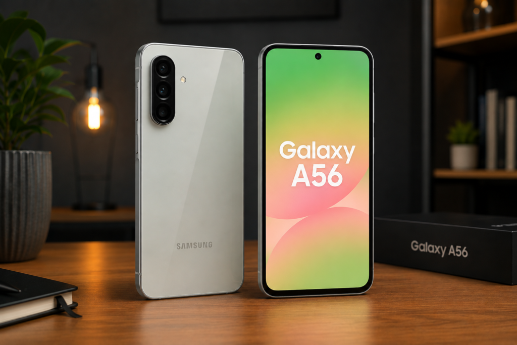Samsung Galaxy A56 com traseira em vidro Gorilla Glass, acabamento premium e design moderno
