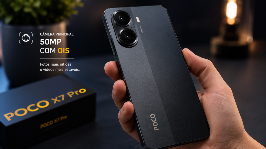 POCO X7 Pro exibindo câmera principal de 50 MP com estabilização óptica OIS para fotos e vídeos de alta qualidade.
