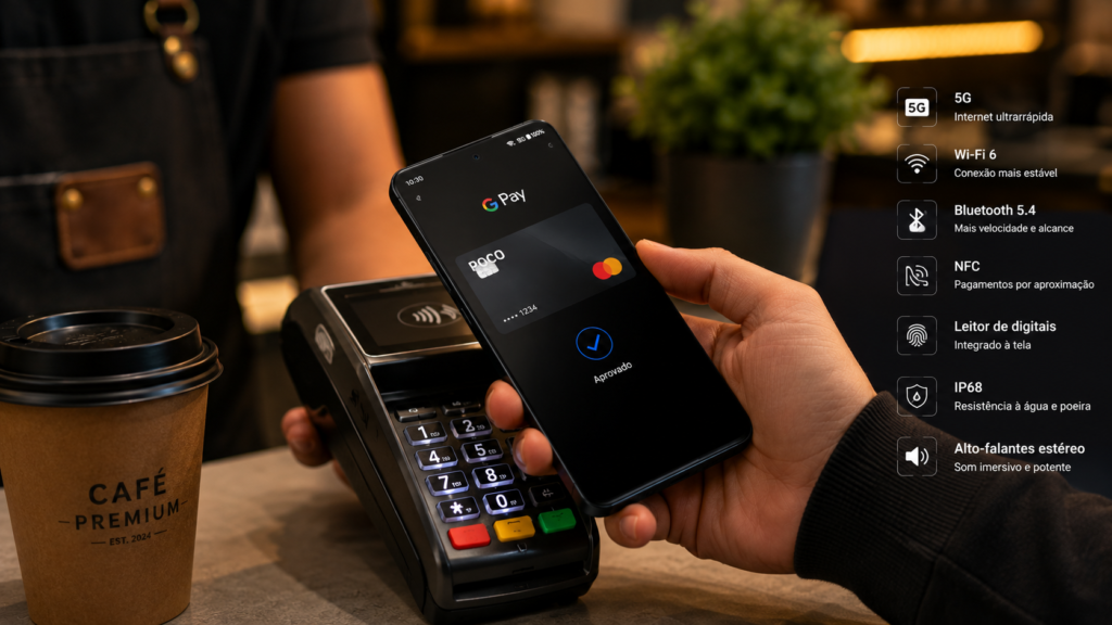 POCO X7 Pro utilizando tecnologia NFC para pagamento por aproximação e recursos avançados de conectividade.