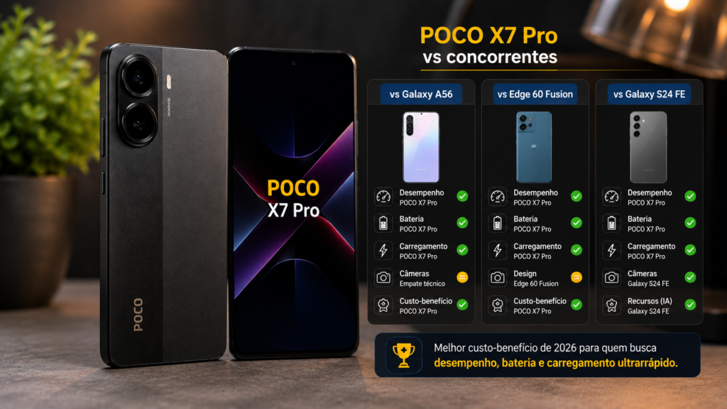 POCO X7 Pro comparado aos principais concorrentes destacando desempenho, bateria e custo-benefício em 2026.