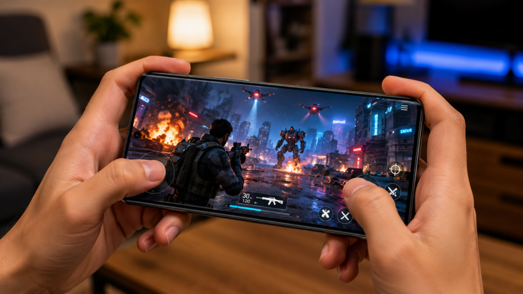Motorola Edge 60 Fusion executando jogo com desempenho fluido graças ao processador MediaTek Dimensity 7300 e tela pOLED de 120 Hz.