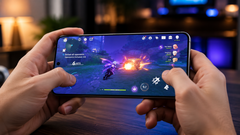 Samsung Galaxy S24 FE em teste de desempenho rodando jogo pesado com processador Exynos 2400e e tela Dynamic AMOLED 2X de 120 Hz.