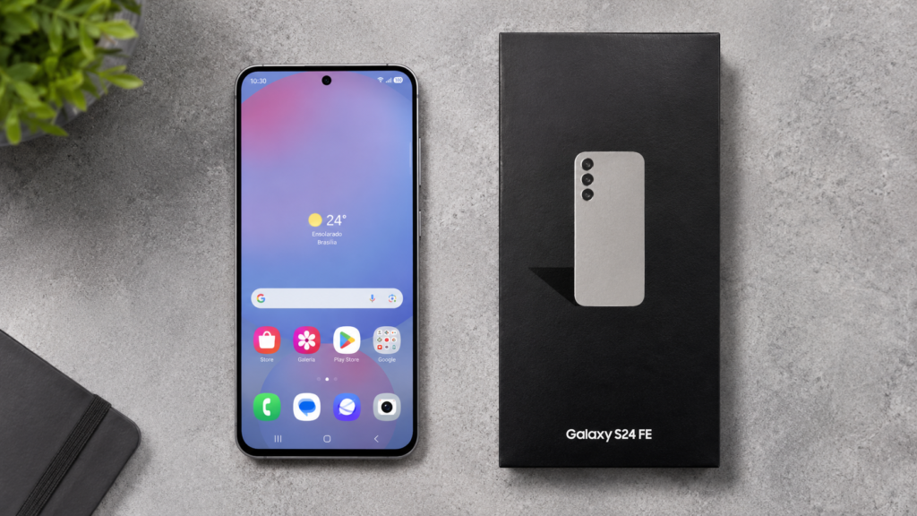 Samsung Galaxy S24 FE ao lado da caixa oficial destacando design premium, tela AMOLED e recursos avançados em 2026.
