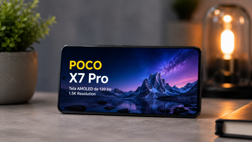 Tela AMOLED de 120 Hz do POCO X7 Pro exibindo cores vibrantes, alta resolução e excelente qualidade de imagem.