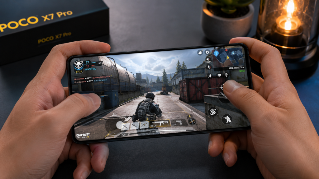 POCO X7 Pro rodando jogo de alta performance com processador MediaTek Dimensity 8400 Ultra e tela AMOLED de 120 Hz.